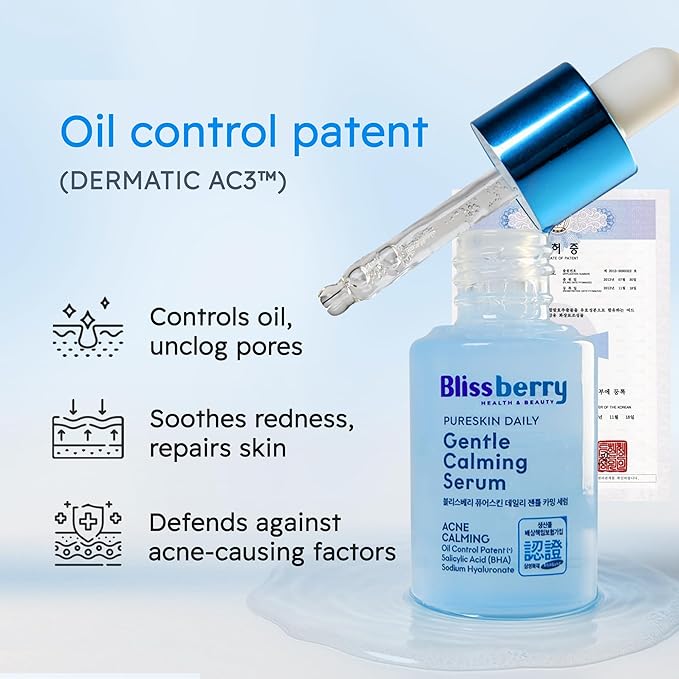 Blissberry 0.1% Salicylic Acid Acne Serum - Hydrating Serum Soothing Moisturizer, Salicylic Acid for Blackheads & Whiteheads Pores, Reduce Excess Oil & Bumpy Texture, 0.5 Fl Oz