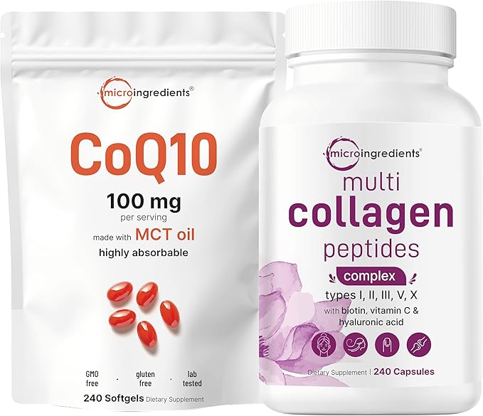Micro Ingredients 8-in-1 Multi Collagen Capsules & CoQ10 100mg Softgels Bundle 2 Pack | Grass-Fed Collagen Peptides | High Absorption Ubiquinone with Coconut MCT Oil