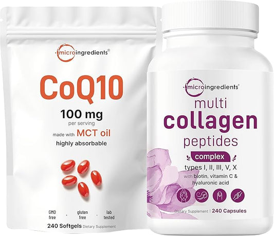 Micro Ingredients 8-in-1 Multi Collagen Capsules & CoQ10 100mg Softgels Bundle 2 Pack | Grass-Fed Collagen Peptides | High Absorption Ubiquinone with Coconut MCT Oil