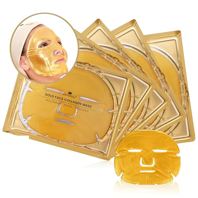 24K Gold Face Mask (5 Pack) - Hydrating & Nourishing Sheet with Collagen and Natural Extracts for Radiant, Moisturised Skin