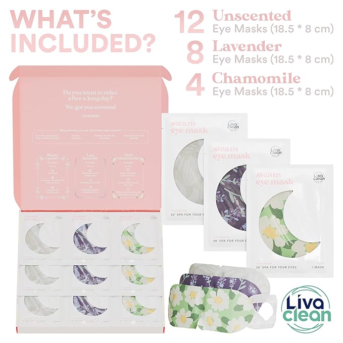 LivaClean 24 Steam Eye Mask for Dry Eyes, Dark Circles & Puffiness, Warm & Self Heating, Ear Hooks to Stay On, Lavendar, Chamile & Unscented, Disposable