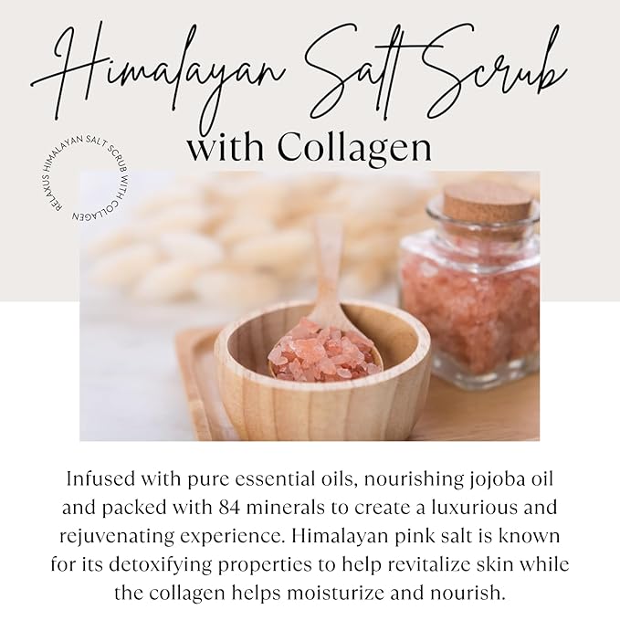 Spa Relaxus Himalayan Salt Scrub with Collagen 17.6 oz Jar, Rejuvenating Hydrating Salt Scrub with 84+ Minerals, Vitamin E, Jojoba Oil and Essential Oils (17.6 oz, Orange Lemon)