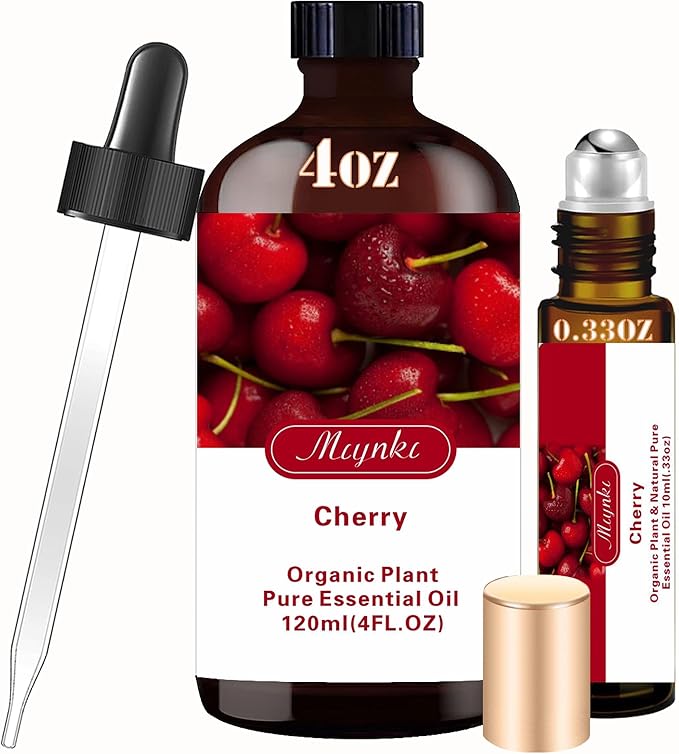 Cherry Essential Oil Roll-On Set (4oz + 10ml)–100% Pure Natural Aromatherapy Oil for Relaxation, Stress Relief, Sleep, Massage, Diffuser, DIY Candles & Soap Making–Home Spa, Yoga, Gifts