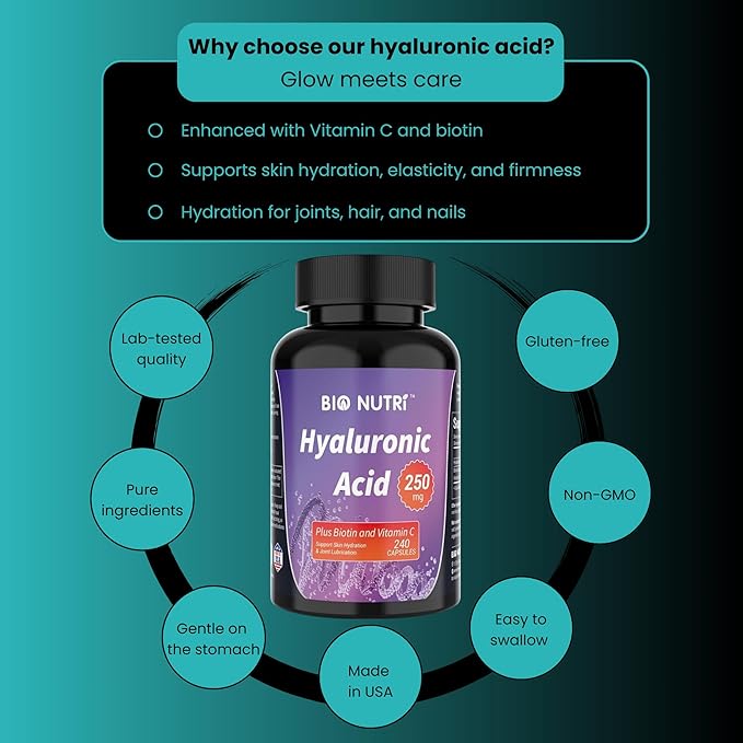 Hyaluronic Acid Supplements - 250mg Pure Hyaluronic Acid with Vitamin C & Biotin - Hyaluronic Acid Capsules for Skin, Hair & Joint Support - 240 Capsules