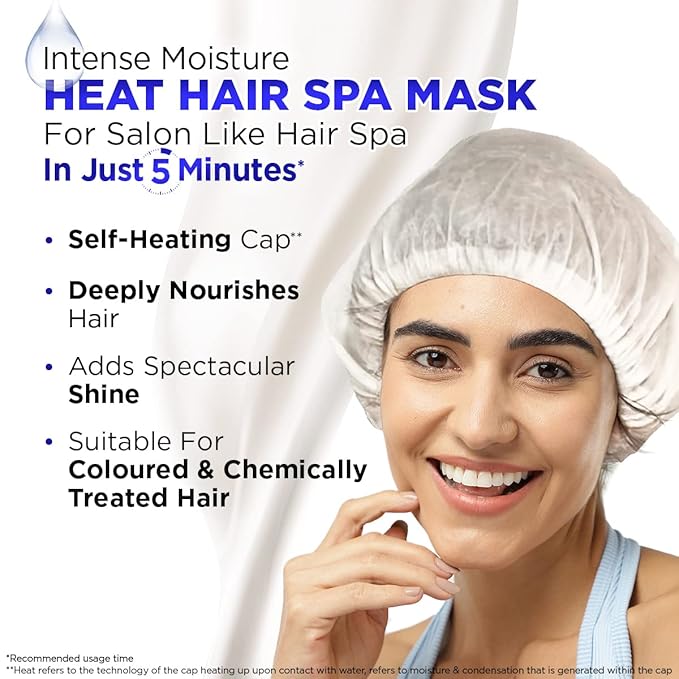 Intense Moisture Hair Spa Mask with Self-Heating Cap | Damaged Hair Treatment with Jojoba Oil & Vitamin E | Salon Like Hair Spa at Home in 5 Mins | Color Safe | 2.47 Oz/70 g