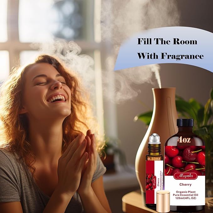 Cherry Essential Oil Roll-On Set (4oz + 10ml)–100% Pure Natural Aromatherapy Oil for Relaxation, Stress Relief, Sleep, Massage, Diffuser, DIY Candles & Soap Making–Home Spa, Yoga, Gifts