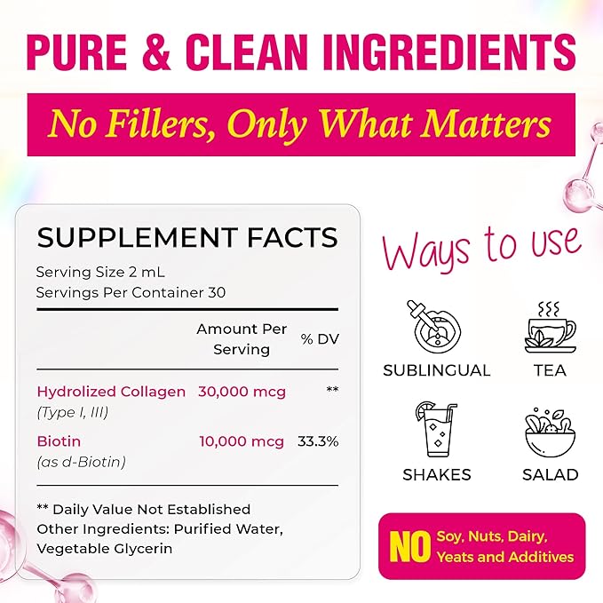 Liquid Collagen & Biotin, 2 Fl Oz (Pack of 2), 40000 mcg for Hair Skin Nails, Vitamin B7 Hydrolized Collagen Peptides Supplement for Women, Bioactive Form, Sugar Free, Raspberry Flavor