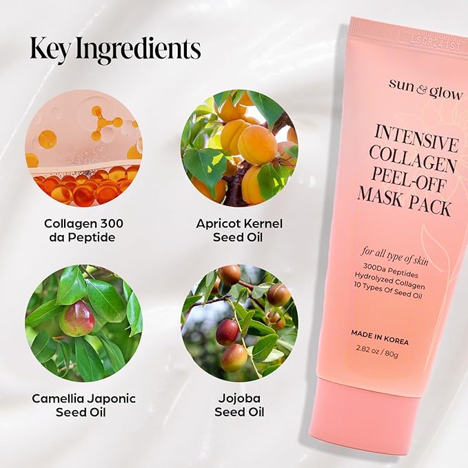 SUN & GLOW Intensive Collagen Peel-Off Mask Pack Hydrolyzed 300da Low-Molecular Collagen(300da Peptides) 10 Types of Seed Oil Korean Skincare Gel Type Home Care Wrapping Mask (2.82oz 80g)