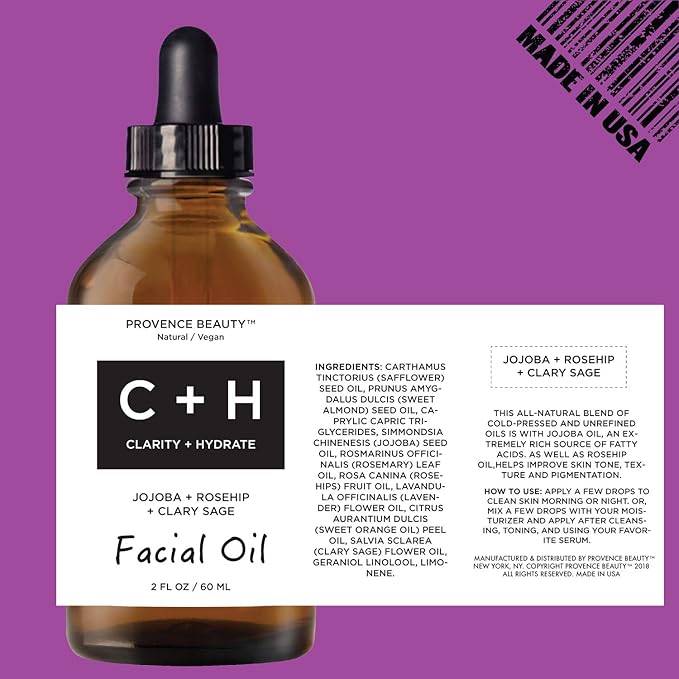| Clarify + Hydrate Facial Oil - Cold Pressed Jojoba + Rosehip + Clary Sage Oils - Anti-Wrinkle Solution - 2 OZ