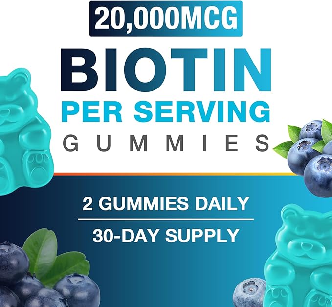Vegan Biotin Gummies for Hair, Skin & Nails - 20,000 mcg per Serving, Suitable for Women & Men - 60 Gummies