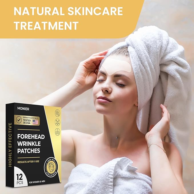 MONIER Forehead Wrinkle Patches Smoothing Overnight - Anti Wrinkle Patches for Face and Forehead Fine Lines & Frown Lines - With Aloe, Collagen, Vitamin E, Hyaluronic Acid | 12 pcs