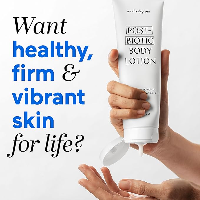 mindbodygreen postbiotic body lotion - Ultra-hydrating, firming, and clean body lotion with next-gen pre and postbiotics, aloe, oat oil, shea butter, coenzyme QIO. Vegan. Paraben and phthalate free.