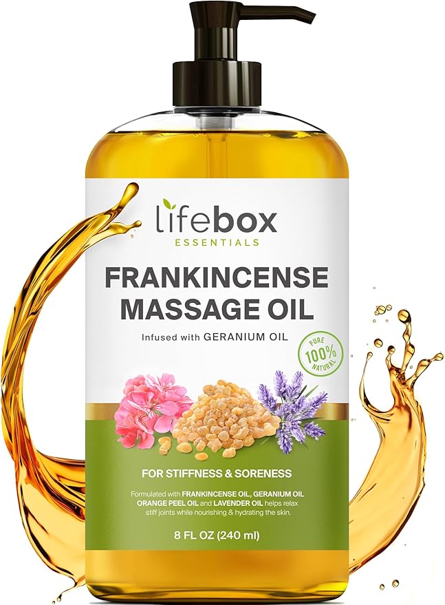 Frankincense Massage Oil – 100% Pure & Natural - Massage Therapy Oil for Soreness & Stiffness – Stretch Marks and Scars Body Oil Infused with Frankincense Essential Oil and Geranium Oil – 8 FL OZ