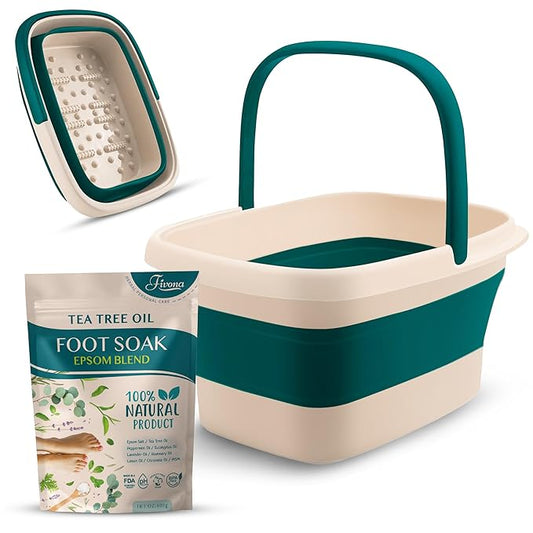 Fivona Foot Care Kit 2 in 1 - Foot Soak Blend with Epsom Salt, Tea Tree & Essential Oils - Collapsible Foot Soak Basin - Pedicure Spa Soak for Tired Feet, Cracked Heels, Stubborn Foot Calluses
