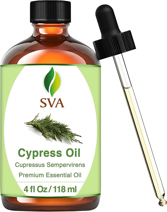 SVA Cypress Essential Oil – 4 Fl Oz – 100% Natural Cypress Oil - for Diffuser, Hair Care, Face, Skin Care, Aromatherapy, Scalp and Body Massage, Soap and Candle Making – with Dropper
