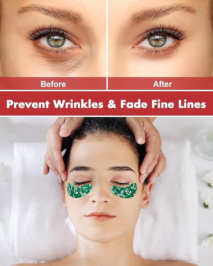 2 Pairs Reusable Under Eye Wrinkle Patches Silicone Mask, Plump Fine Lines & Wrinkles, with Metal Eye Cream Applicator, Tin Case, Christmas Green