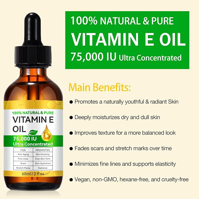 Vitamin E Oil, 75000 IU Ultra Concentrated, 100% Natural Body Oil Moisturizing Dry Skin, Pure Vitamin E Oil for Skin, Scars, Face, Hair, Nails, Hexane-Free, Non-GMO, 2 Fl Oz