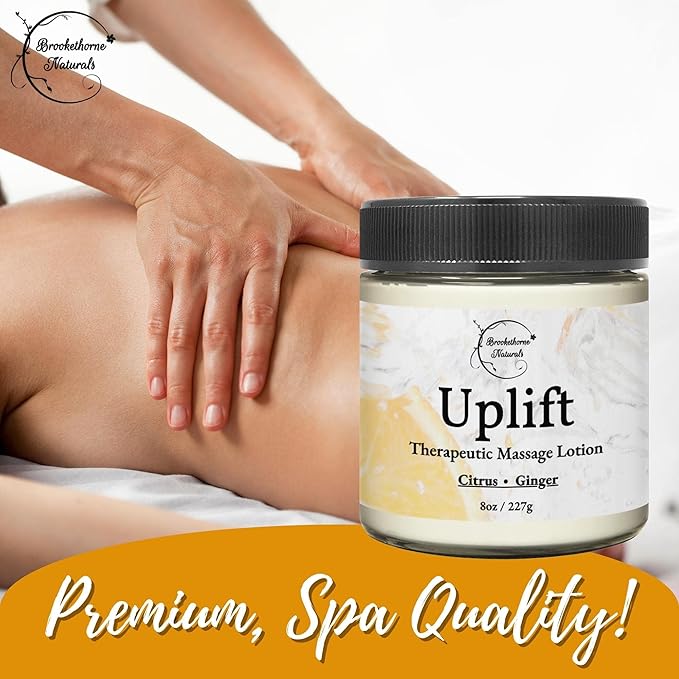 Uplift Massage Lotion for Massage Therapy & Home Use. Moisturizing Cream for Effortless Glide. Shea Butter, Coconut Oil, Aloe Vera & Ginger Citrus Essential Oils - Brookethorne Naturals
