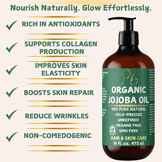 Organic Jojoba Oil– 100% Pure, Cold-Pressed, Unrefined & Hexane-Free – Golden Jojoba Oil for Face, Body, Hair & Nails – Supports Hair Growth, Anti-Aging & Wrinkle Reduction – 16 fl oz Glass Bottle