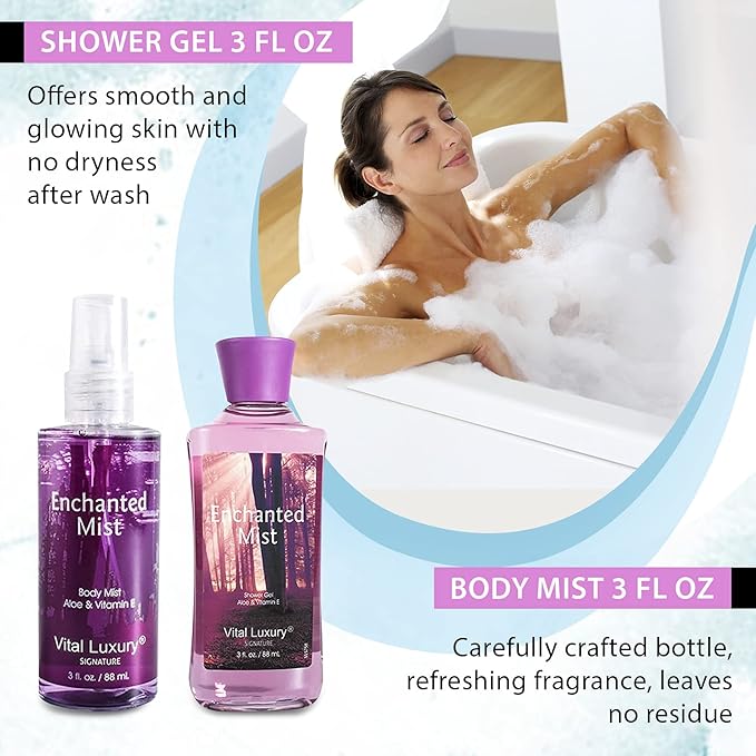 Bath & Body Kit, 3 Fl Oz, Ideal Skincare Gift Home Spa Set, Includes Body Lotion, Shower Gel, Body Cream, and Fragrance Mist,Birthday Mother's Valentine's Day Gifts(Enchanted Mist)