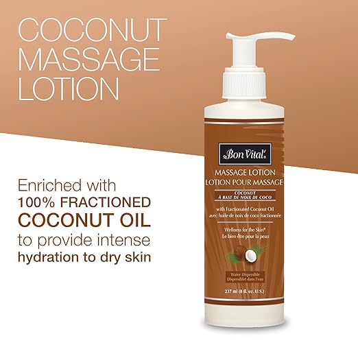 Bon Vital' Coconut Massage Lotion with 100% Pure Fractionated Coconut Oil, Lightweight Massage Lotion, Provides a Massage with Intense Skin Hydrating and Moisturizing 8 Oz, Label may Vary