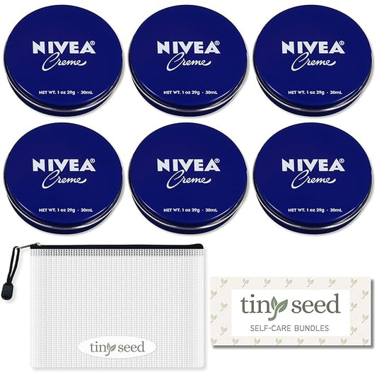 TINY SEED 6-Pack Travel Kit: Creme 1 oz Travel Size Tins. Cream Moisturizer for Face, Hands, and Body. Includes Complimentary Travel Zipper Pouch.