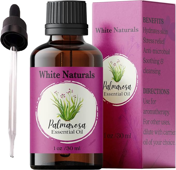 White Naturals Palmarosa Essential Oil – 100% Pure & Natural Palmarosa Oil, Floral & Fresh Aroma, Ideal for Aromatherapy, Skin Care & DIY Beauty, 1oz
