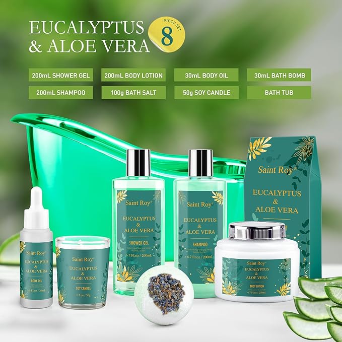 Mother's Day Gift for Mom bath and body Gifts for Her & him Gift Baskets for Women - Saint Roy Eucalyptus & Aloe Vera Scented Birthday Gifts for Women,8 pcs Spa Gift Set, Mother's Father Day