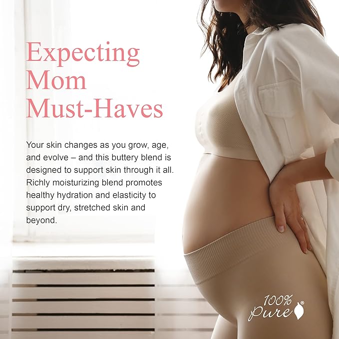 100% PURE Skin Support Stretch Mark Butter Belly Moisturizer - Nourishing Skin Defense with Vitamins & Antioxidants Natural Pregnancy Formula - Shea, Cocoa Butter, Vitamin E Cream - Vegan - 1.35oz