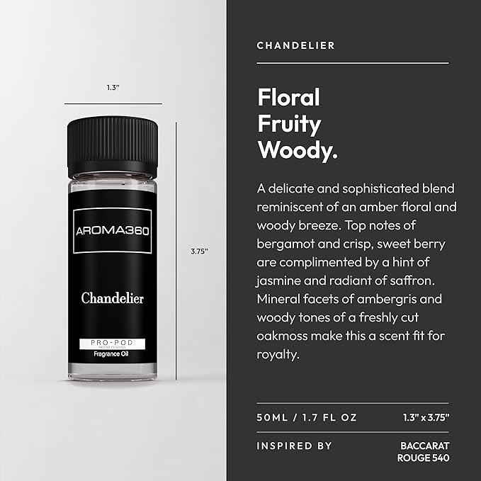 Aroma360 - Chandelier Pro Pod Fragrance Oil Blend | Hotel Inspired Luxury Essential Oil Diffuser | Aromatherapy Scent Diffuser Oil | Bergamot, Woodsy Sandalwood and Saffron 1.7 fl oz, 50 mL