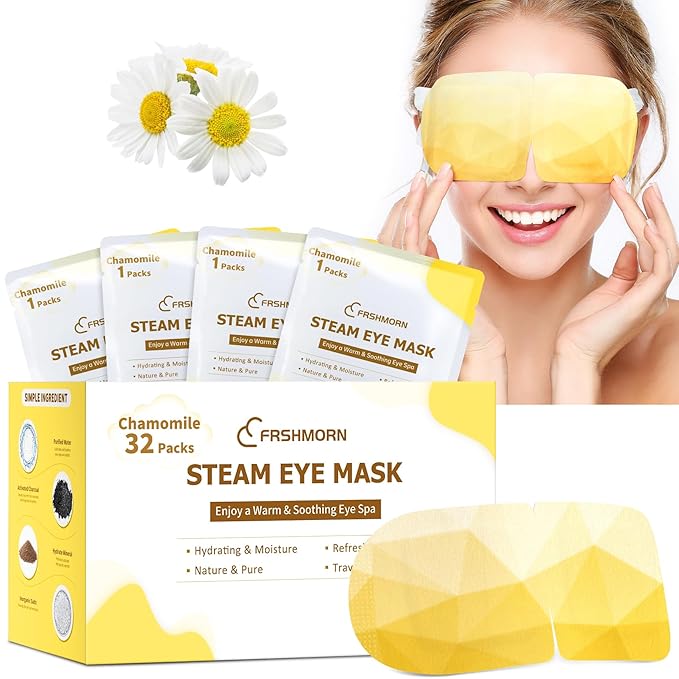 32 Packs Steam Eye Mask, Heated Eye Mask for Sleeping, Warm Compress for Eyes, Self Heating Disposal Eye Mask Comfortable Sleep Mask for Home, Office, Spa, Travel Essentials (Chamomile)