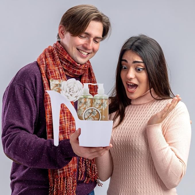 Draizee Mothers Day Gifts for Mom-Spa Gift Baskets for Women-6 Pcs Luxury White Tea Scented Heel Shoe Design Bath and Body Spa Set, Self Care Package for Women, Presents for Mom, Body Care Set for Her