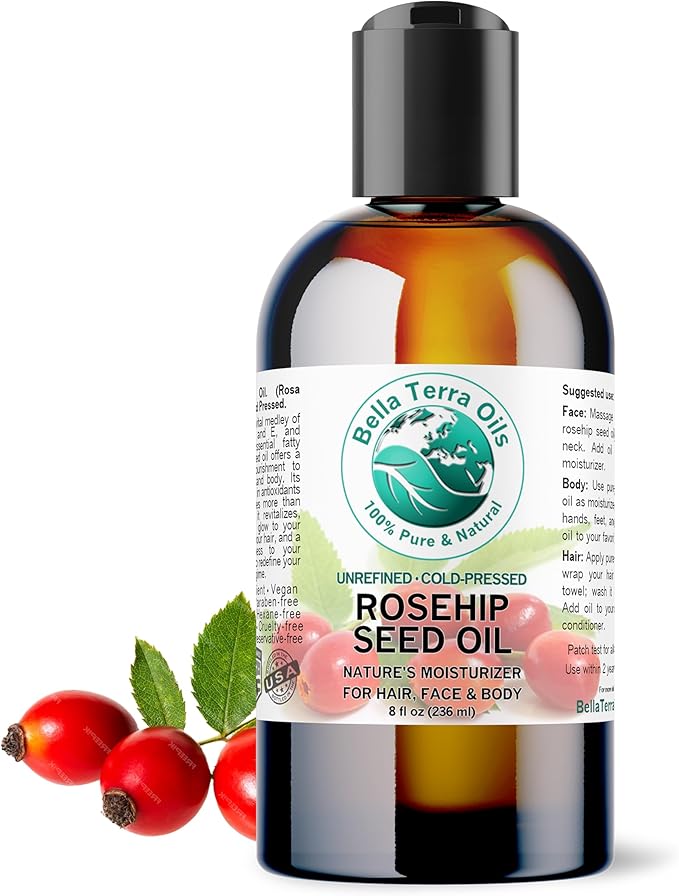 Bella Terra Oils - Organic Rosehip Facial Oil 8 oz - Dive into Organic Rosehip's Essential Fatty Acids & Antioxidants, Infused with Vitamin F, Elevate Daily Face Rituals