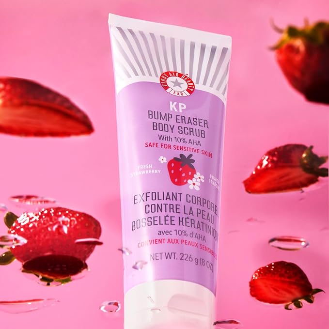 First Aid Beauty - KP Bump Eraser Body Scrub with 10% AHA, Keratosis Pilaris Exfoliator with Glycolic and Lactic acids, Helps Reduce Chicken Skin Bumps, Safe for Sensitive Skin, Strawberry Scent, 2 oz