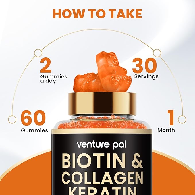 Venture Pal Biotin Gummies with Collagen & Keratin - Hair Growth Support Skin and Nail Strength Vitamins for Women & Men - Biotin 10000mcg | B-Complex | Saw Palmetto - Sugar Free, Non-GMO, 60ct