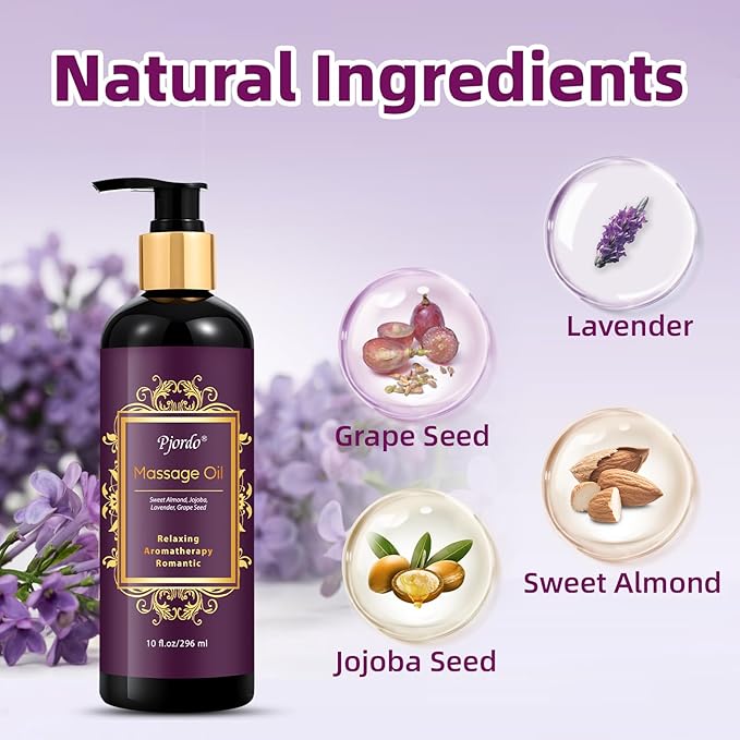 Aromatherapy Lavender Massage Oil, 10 fl oz Relaxing Massage Oil for Massage Therapy with Grape Seed, Sweet Almond & Jojoba, Spa Quality Oils for Soothing, Calming