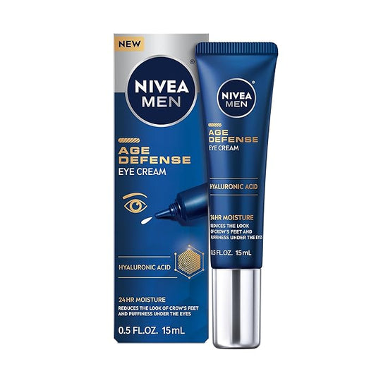 NIVEA Men Age Defense Eye Cream with Hyaluronic Acid, Skin Care Gifts for Dad, 24-Hour Hydrating Under Eye Cream for Men Helps Reduce Look of Crow's Feet, Fine Lines and Dark Circles, 0.5 Fl Oz Tube