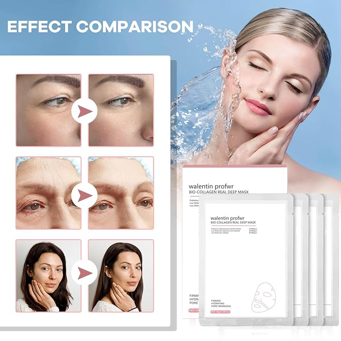 Collagen Mask Bio-Collagen Mask Deep Hydrating Overnight Collagen Sheet Masks Pore Minimizing Elasticity lmprovement Lifting Real Collagen Essence Hydrating Moisturizing Facial Mask Sheets 4 Packs
