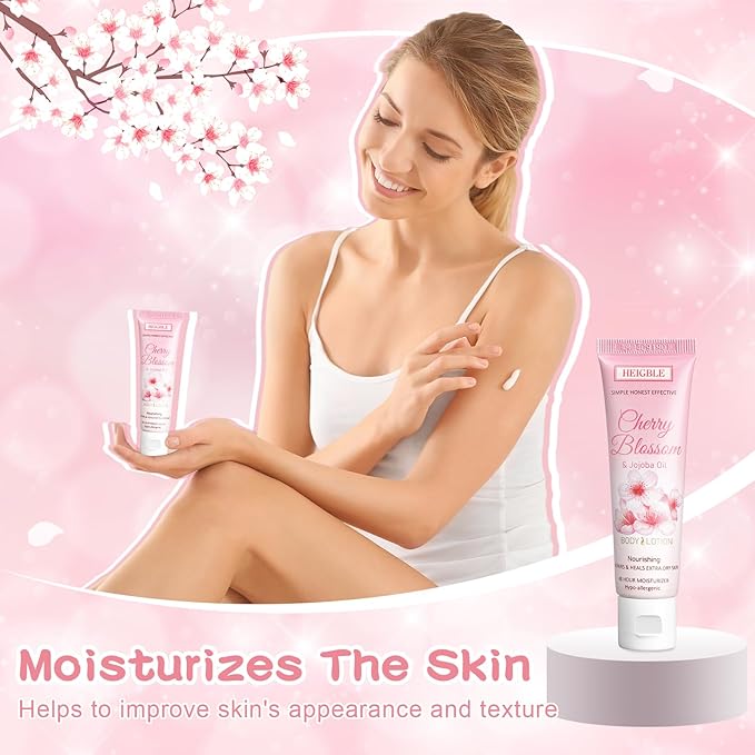 50 Pack Travel Size Body Lotion 1 oz Cherry Blossom and Jojoba Oil Body Lotion Dry Skin Moisturizer with Flip Cap for Extra Dry Skin, Inns, Hotels Resorts, Airlines, Offices, Gyms and More