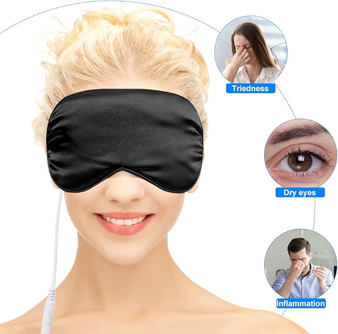 2 Pieces Silk Heated Eye Mask for Dry Eyes USB Steam Warm Compress for Puffy Eyes Adjustable Temp Sleep Eye Mask for Dry Eye, Chalazion, Blepharitis, Stye (Black, Green)