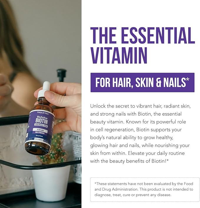 Biotin Hair Support for Women – Organic 10000mcg USP Grade – Premium Liquid Supplement for High Absorption – Supports Healthy Hair, Skin & Nails – Berry Flavor – 180 Servings – 2 oz