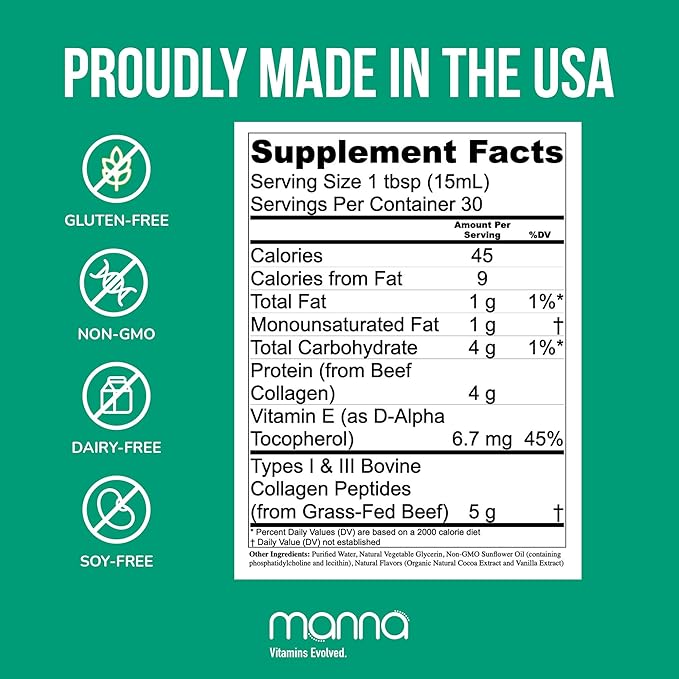 Manna Liposomal Collagen Peptides Liquid – 5000mg High Absorption Grass-Fed Type I & III Collagen for Skin, Hair, Nails, Joints – Hydrolyzed Collagen Supplement, Non-GMO, 16oz, for Women & Men