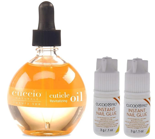 Cuccio Fake Nail Essentials Set - Cuccio Super Strong Instant Nail Glue 0.20 Oz and Revitalizing Cuticle Oil 2.50 oz (Milk & Honey)