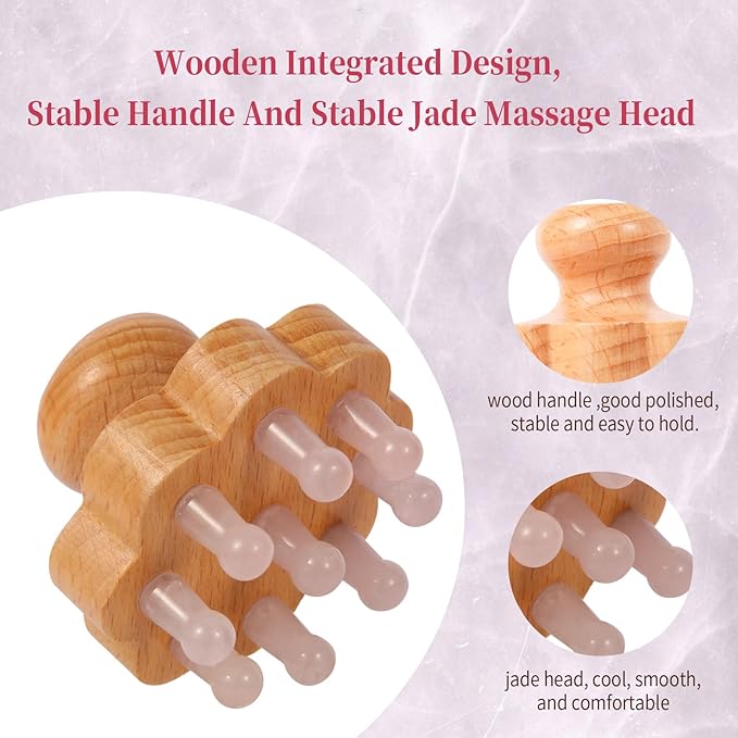 Natual Jade Massage Head, with Wooden Hander Comb,for Scalp Massager, Head Ficial, Body Acupressure Tool,gua sha Scraping, Relieve Fatigue,Stress Relax Device,for Hair Growth (Pink)