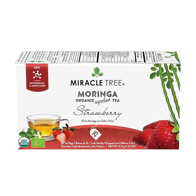 Miracle Tree - 6 Count of Organic Moringa Superfood Tea, 25 Individually Sealed Tea Bags, Strawberry (Keto, Detox, Energy/Immunity Booster, Vegan, Gluten-Free, Organic, Non-GMO, Caffeine-Free)