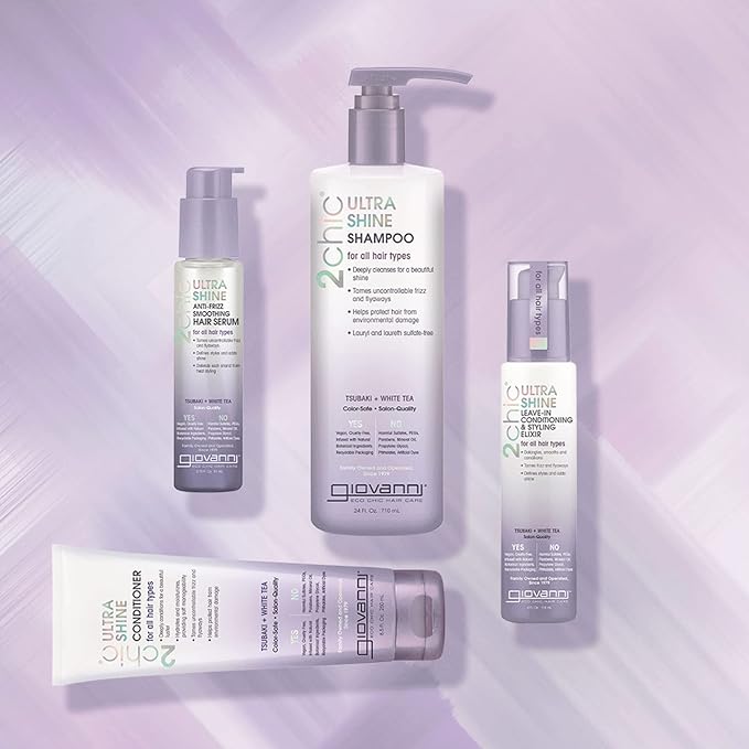 Giovanni 2chic Ultra-Shine Anti-Frizz Smoothing Hair Serum, 2.75 oz – All Hair Types, Dual Taming Complex of Tsubaki Seed Oil & White Tea, Detangles, Smooths & Conditions, Tames Frizz & Flyaways