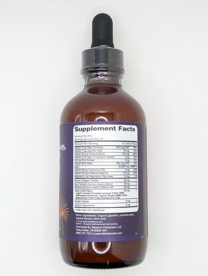 Biotin Liquid Drops Collagen Keratin Hyaluronic Acid Saw Palmetto for Hair Skin and Nails Silica Vitamin A C Vitamin D Bamboo Turmeric Zinc Folate Magnesium Horsetail LuxGlo by Clean Nutra - 2Pack