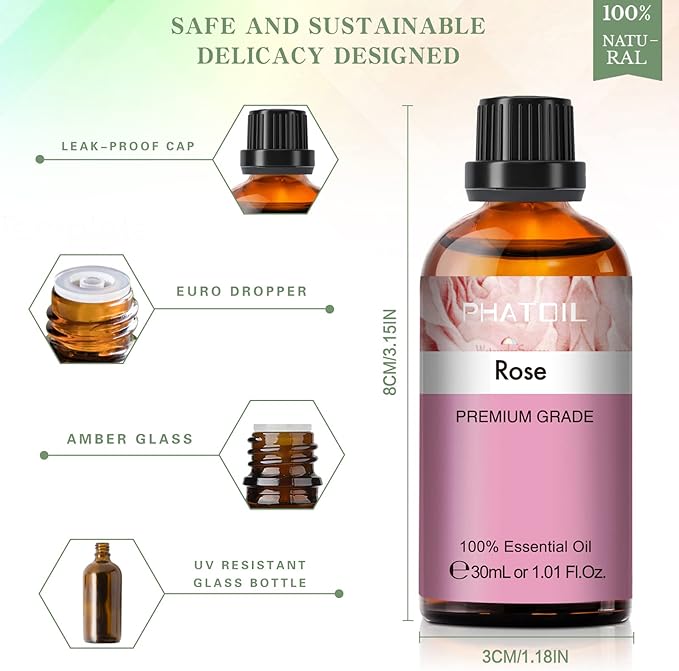 Rose Essential Oil, 1.01Fl.Oz (30ML) PHATOIL Pure Essential Oil Singles for Aromatherapy Diffusers, Humidifiers, Great for DIY Candle and Soap Making, Gift for Friend