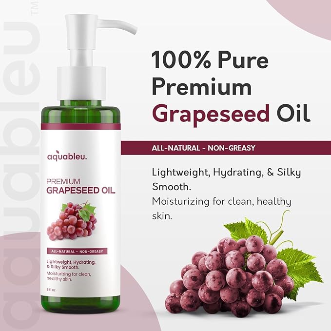 Premium Grapeseed Oil - 100% Pure and All-Natural - Hydrating and Silky Smooth - Moisturing, for Clean and Healthy Skin, and Strong Hair - Cold Pressed - 8 oz