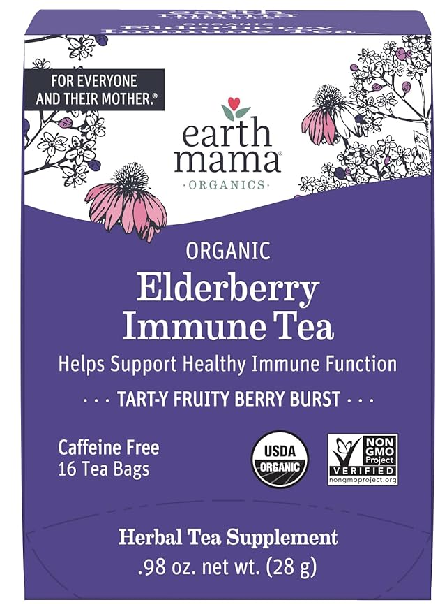 Earth Mama Organic Elderberry Immune Support Tea with Echinacea | Safe for Pregnancy, Breastfeeding, Postpartum, Kids and Family Essentials, Decaf Tea with Ginger & Rooibos, 16-Count